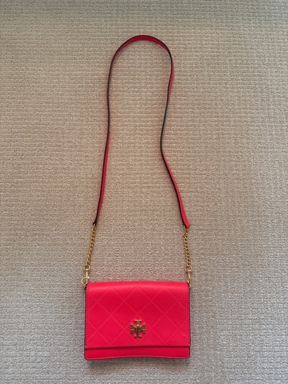 Tory Burch Bright Red/pink Quilted Leather Crossbody with Gold Hardware